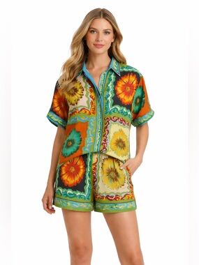 Beulah Style Set Multicolor Floral Print Shorts Button Down Shirt Multi L